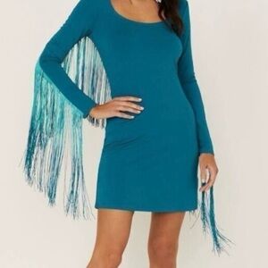 Idyllwind Teal Fringe Long-Sleeve Mini Dress